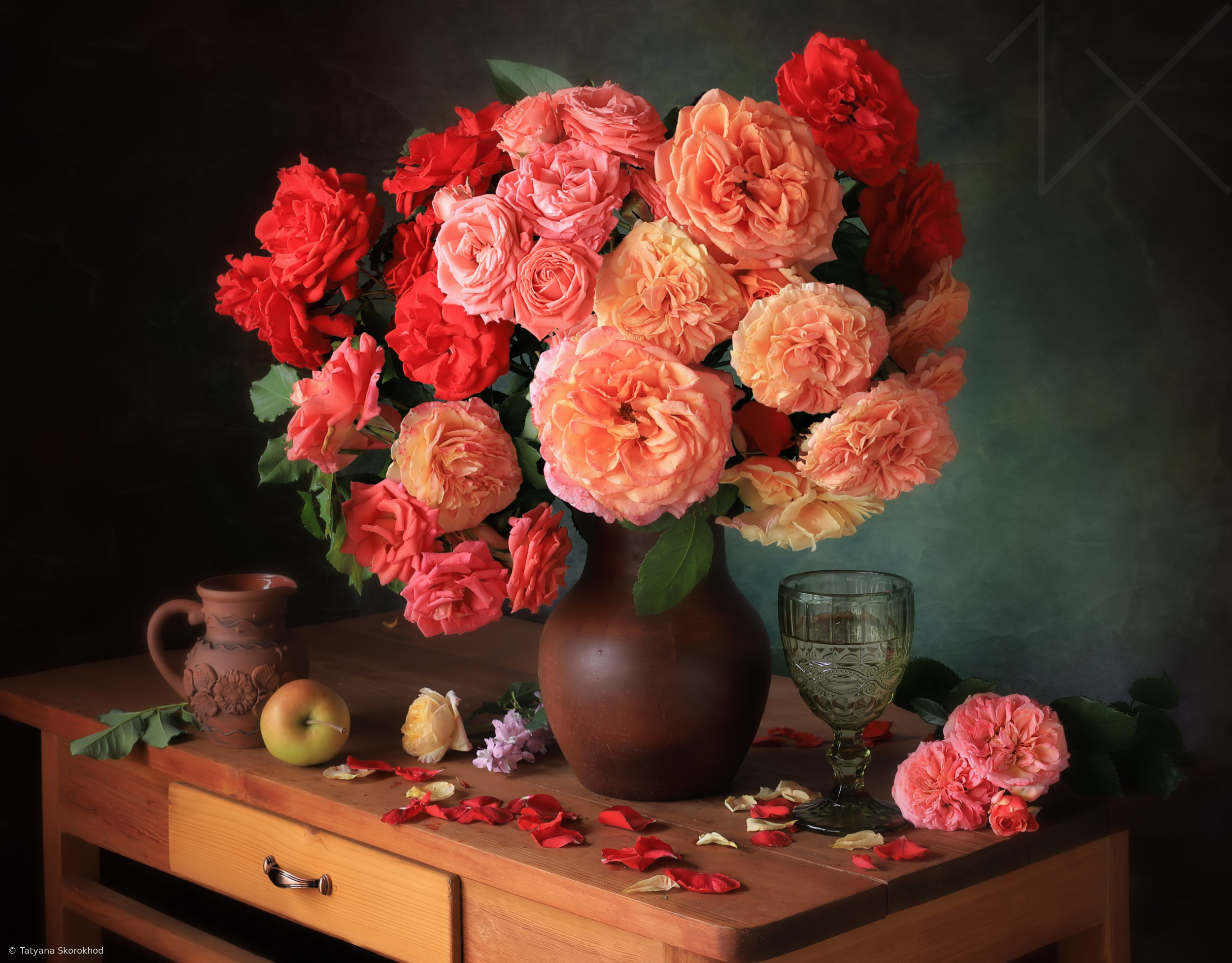 Still life with a bouquet of roses and wine by Tatyana Skorokhod