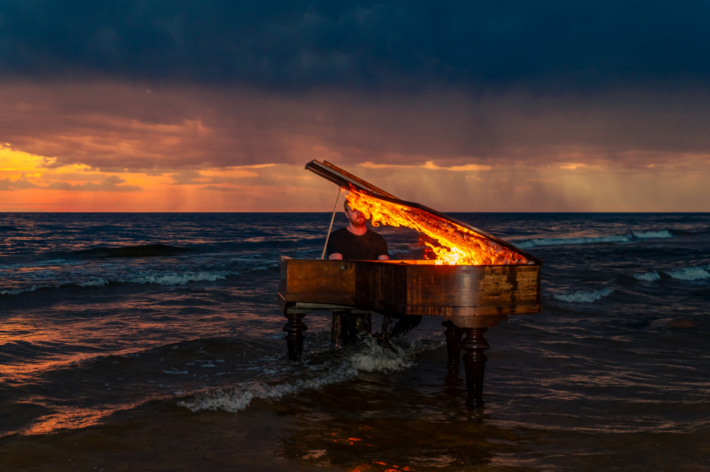 Burning Piano Sunset by Silvija Danelsone — canvas wall art