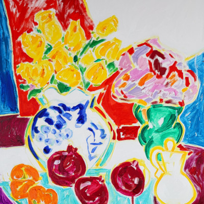 Still Life With Pomegranates And Yellow Roses, Tamara Jare, oil on canvas