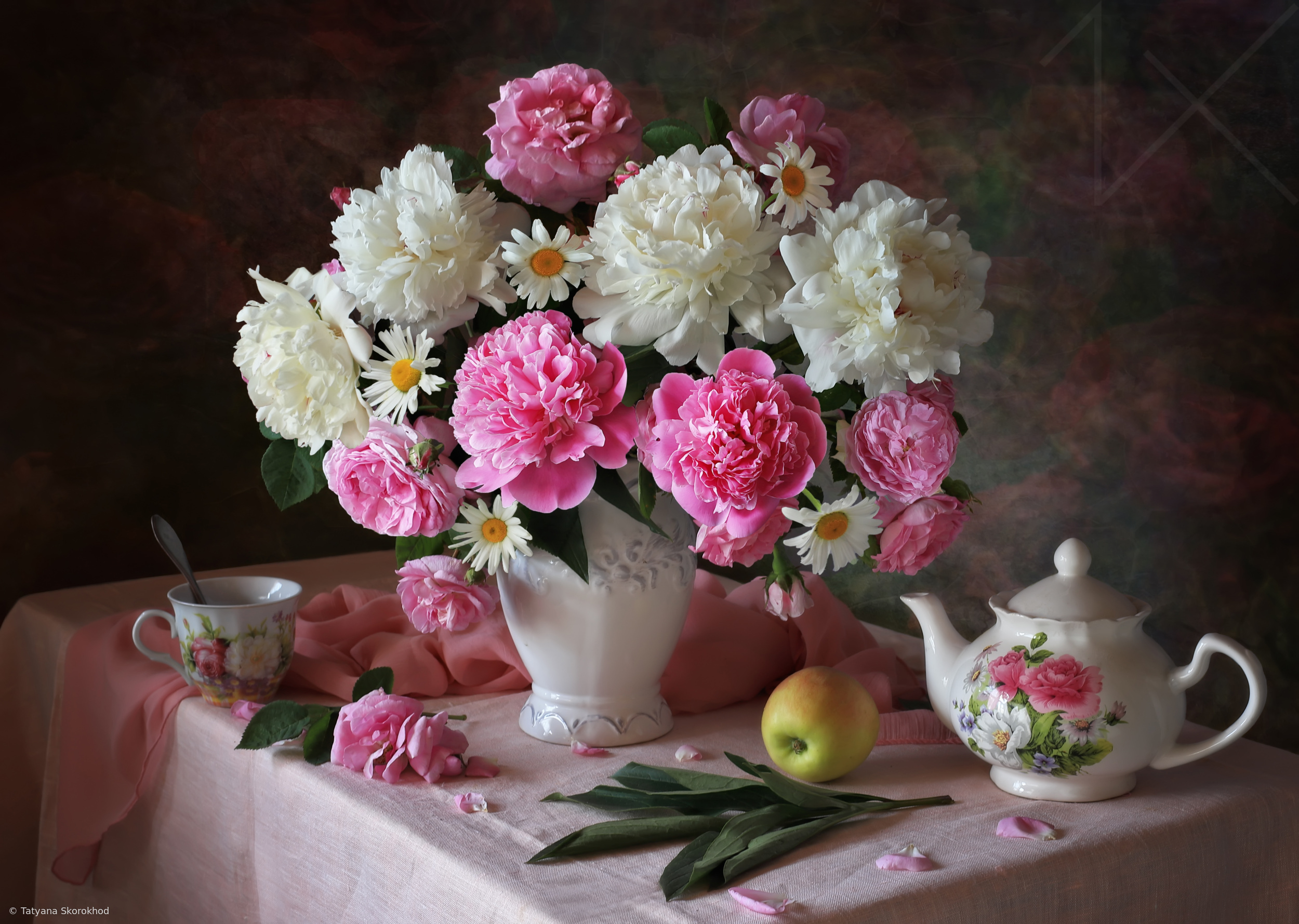 Still life with a bouquet of peonies and daisies by Tatyana Skorokhod