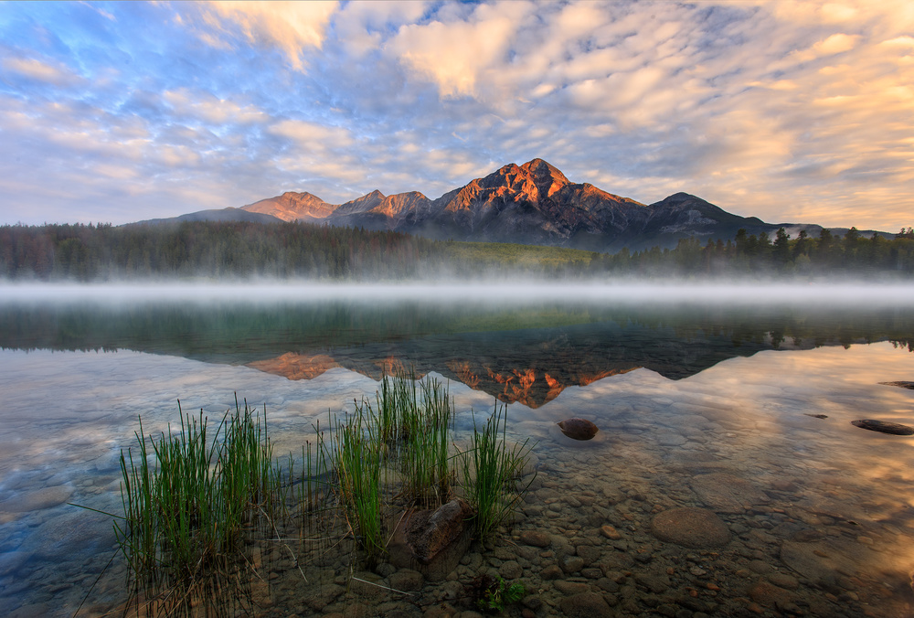 Misty Mountain Lake Sunrise by Andy Hu — canvas wall art