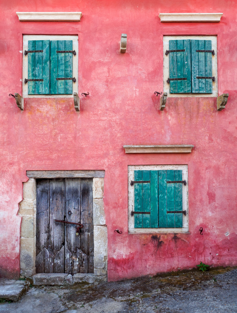 Pink Wall Teal Shutters by Milton Mpounas — canvas wall art