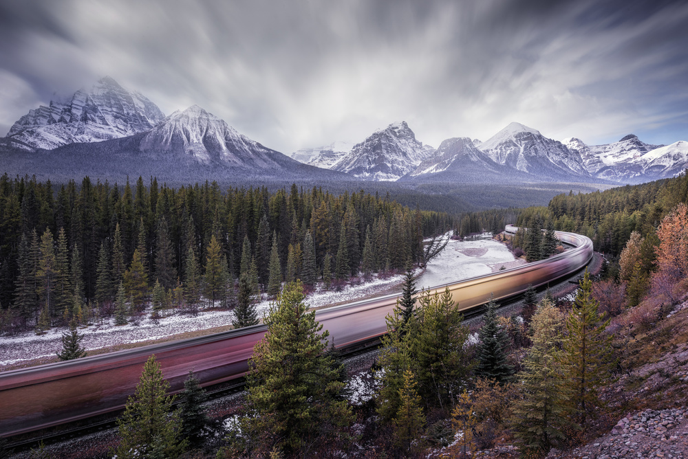 Dramatic Mountain Train Journey by Jorge Ruiz Dueso — canvas wall art