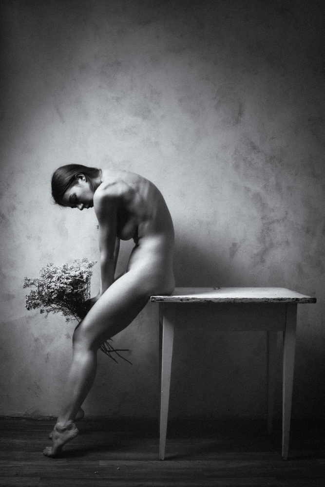 Pensive Nude with Flowers by Christian Kurz — canvas wall art