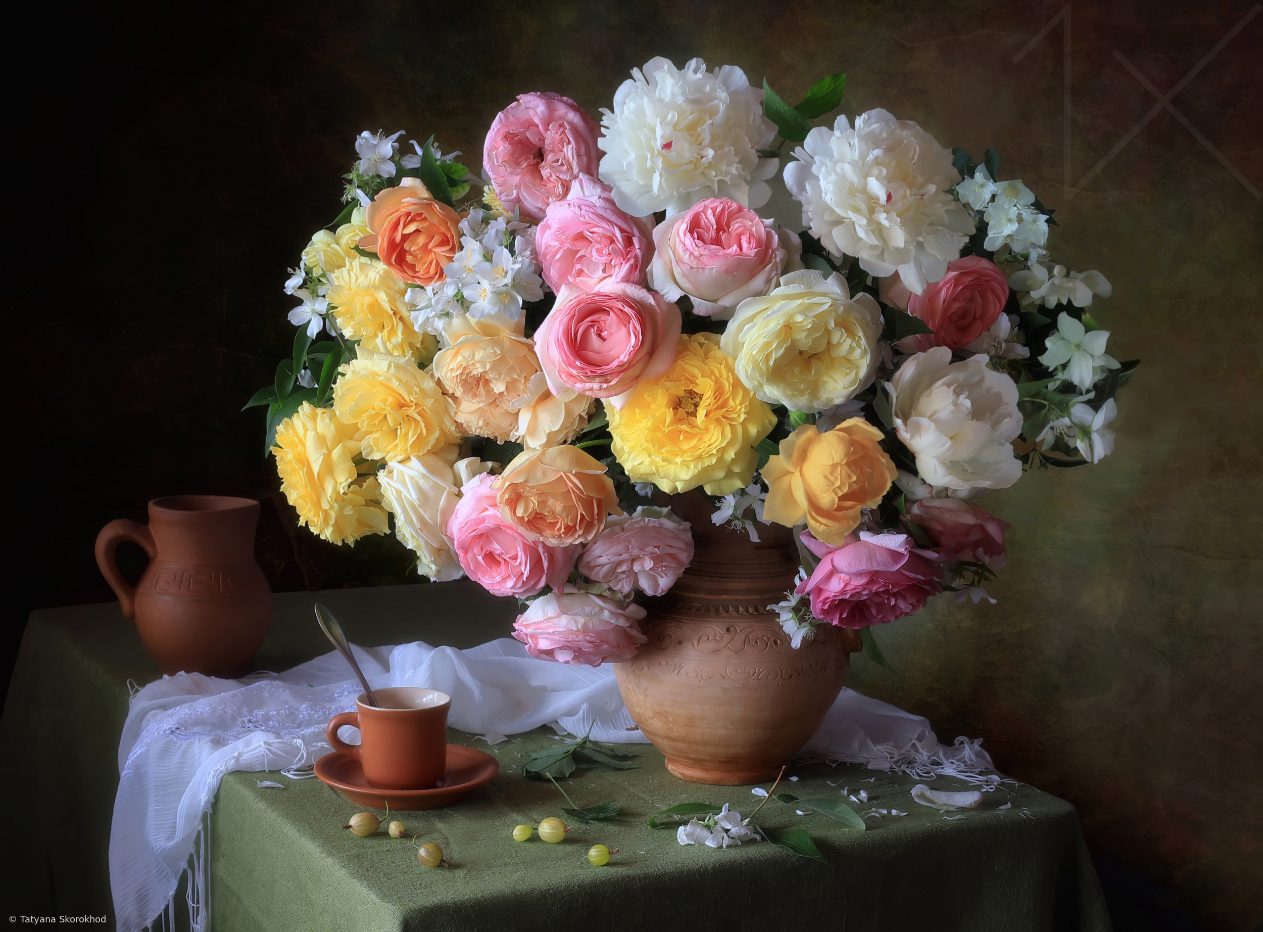 Still life with a bouquet of roses and a cup of coffee by Tatyana Skorokhod