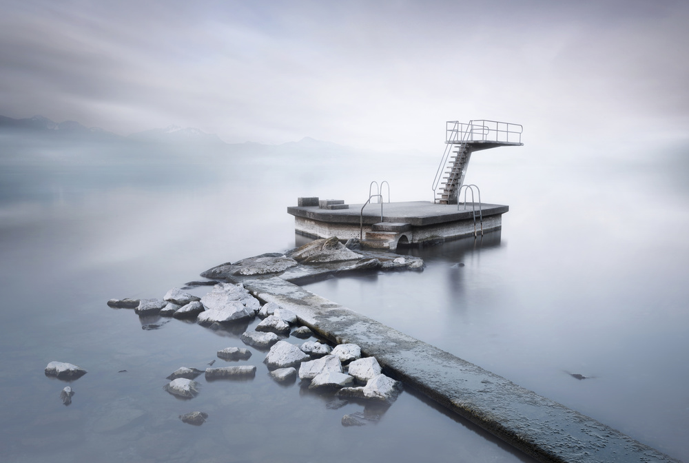 Misty Lake Diving Board by Joaquin Guerola — canvas wall art