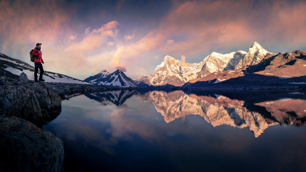 Hiker Mountain Reflection by qiye — canvas wall art
