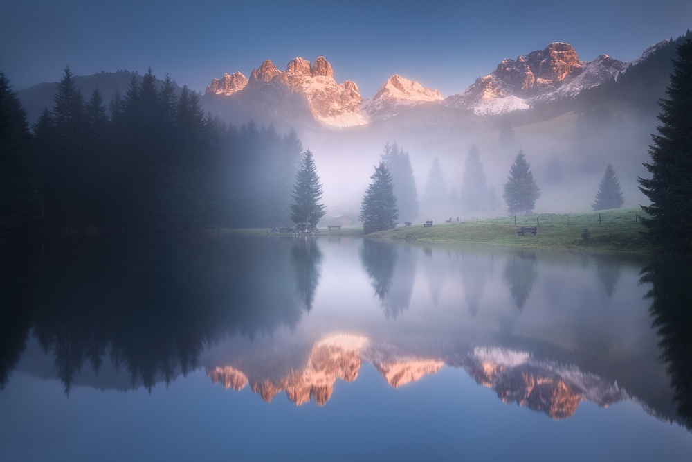 Misty Mountain Lake Sunrise by Daniel Řeřicha — canvas wall art