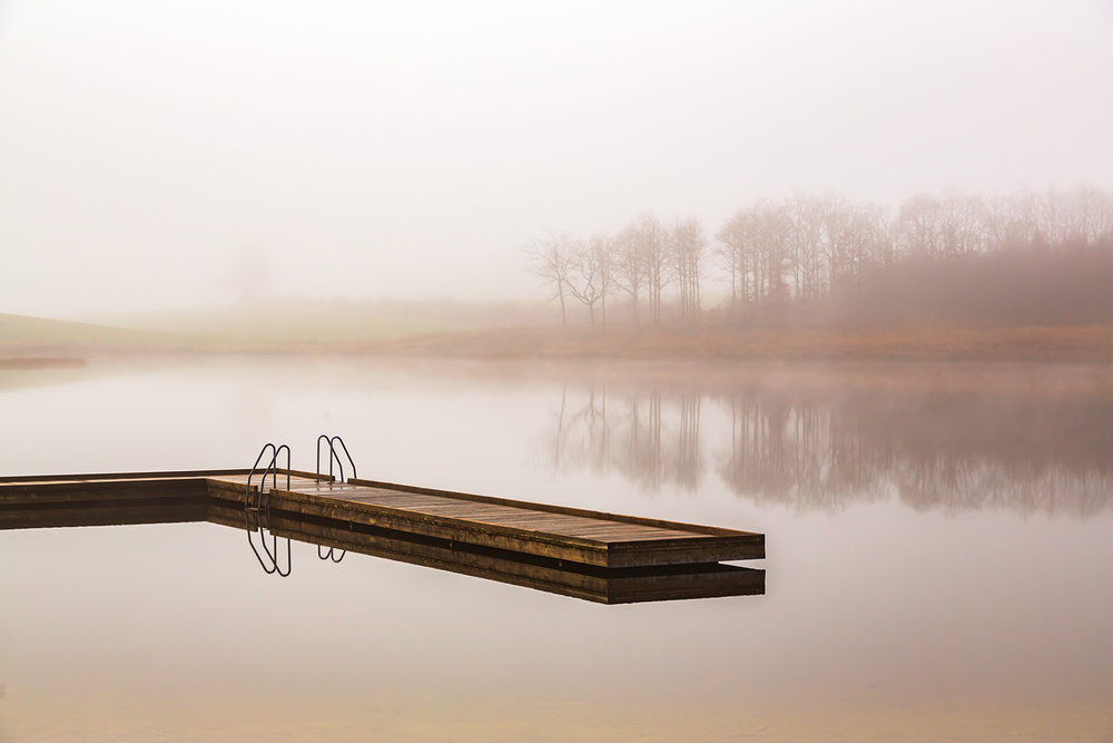 Misty Morning Lake Dock by Leif Løndal — canvas wall art