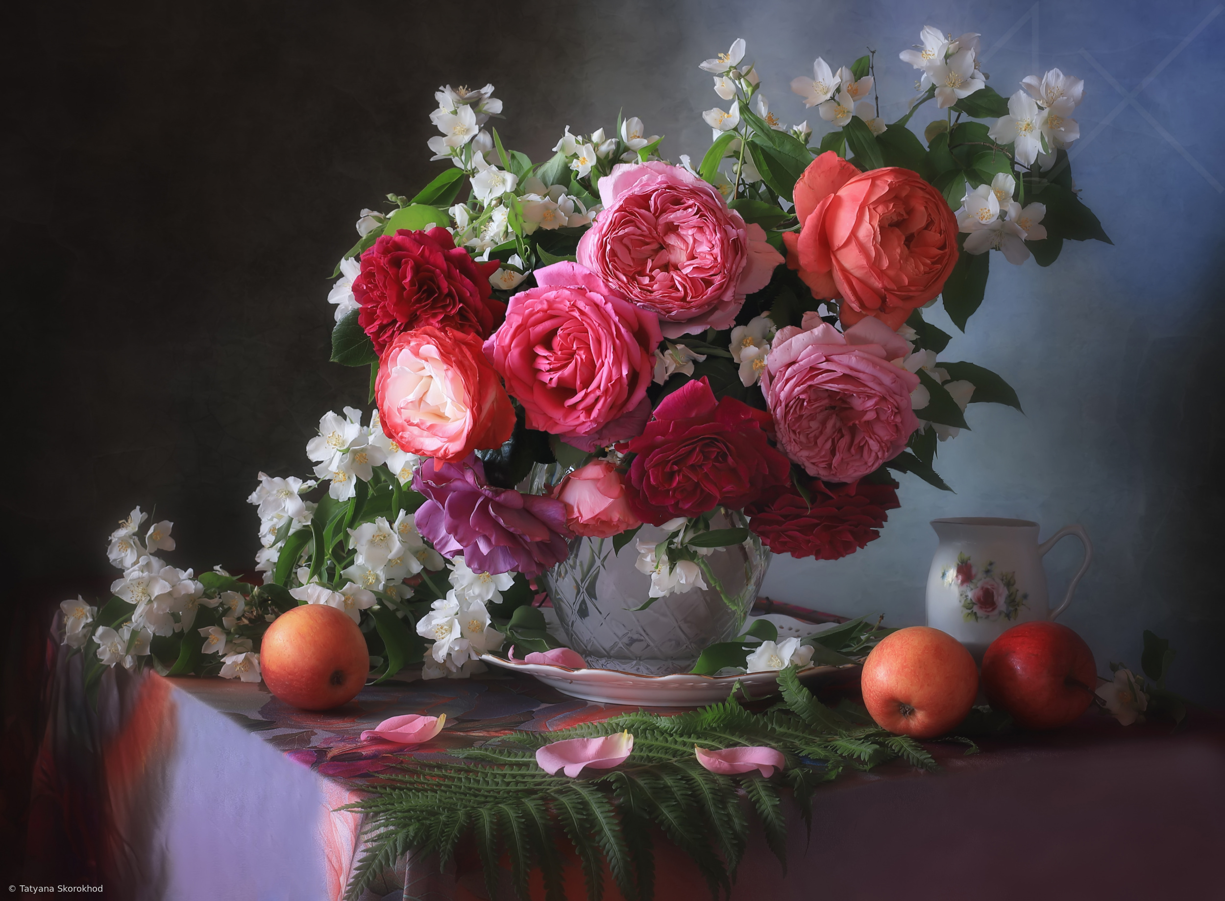 Still life with a bouquet of roses and jasmine flowers by Tatyana Skorokhod