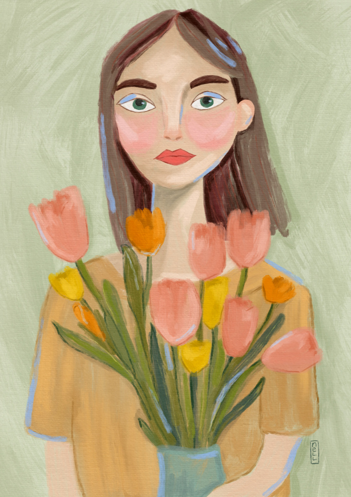 Woman with Spring Tulips by Dirkie Nell — canvas wall art