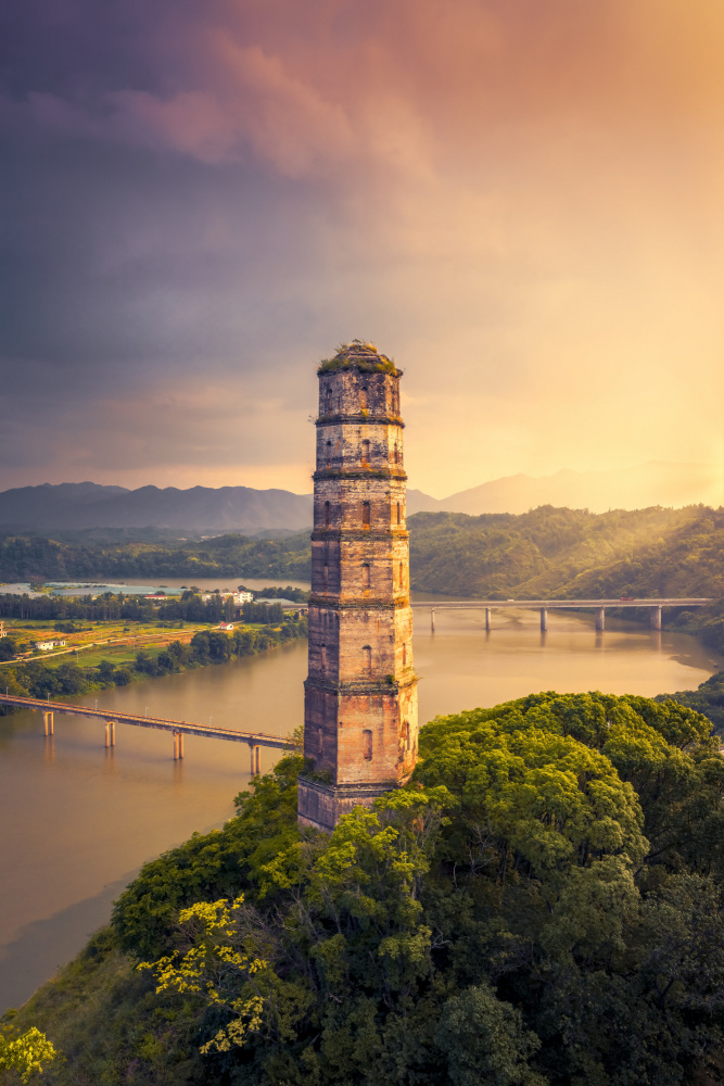 Ancient Pagoda Golden Sunset by qiye — canvas wall art