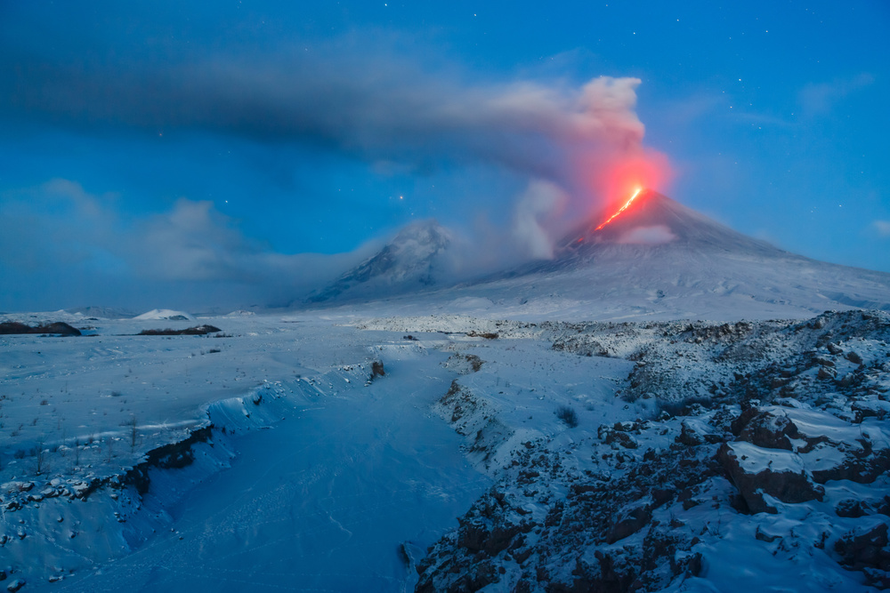Volcano Night Eruption by Denis Budkov — canvas wall art