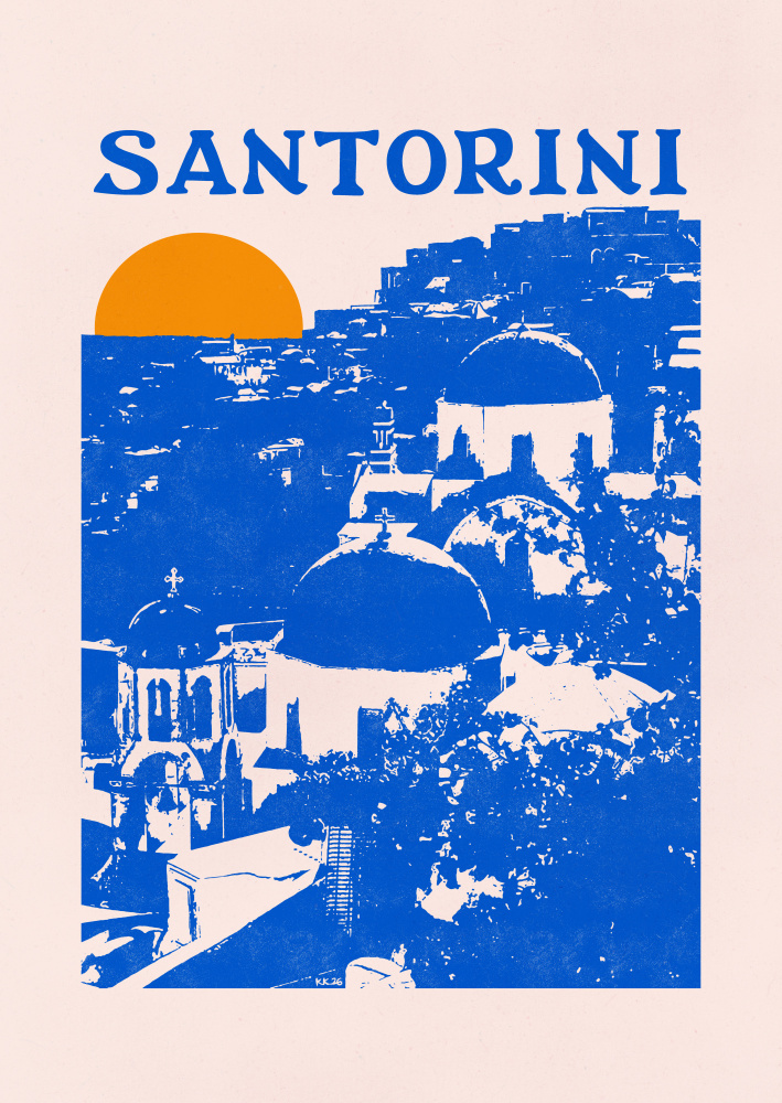 Santorini Blue Domes Sunset by Katariina Kosunen — canvas wall art