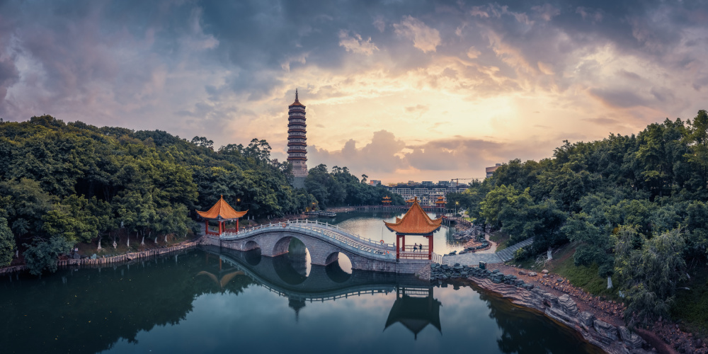 Serene Pagoda Sunset by qiye — canvas wall art