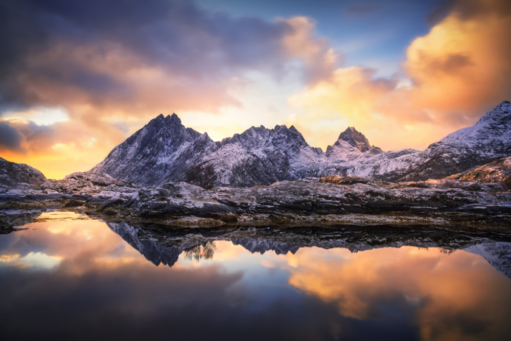Golden Hour Mountain Reflections by joanaduenas — canvas wall art
