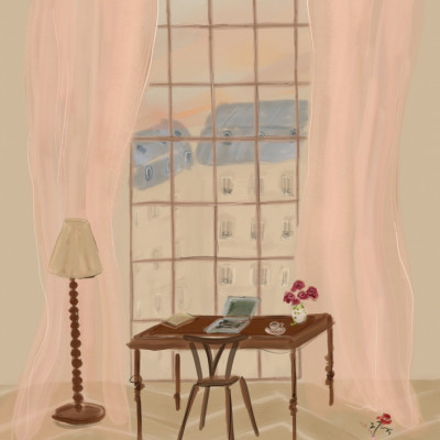 Paris Window View Illustration with Rustic Desk