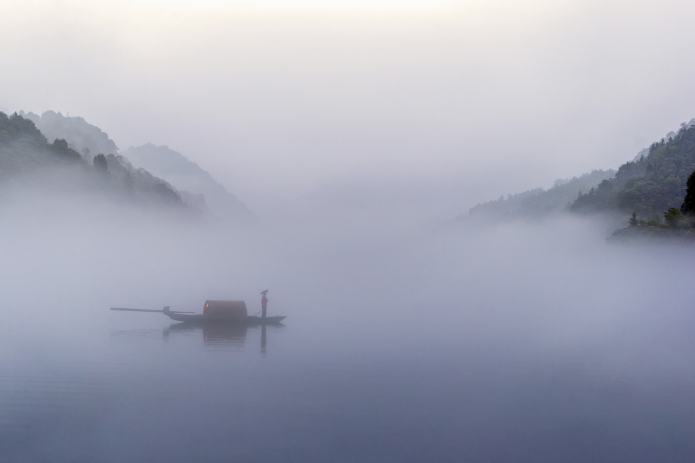 Lone Boat Misty Lake by Raymond Ren Rong Liu — canvas wall art
