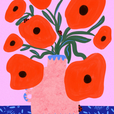 Red Poppies and Ladybirds Floral Illustration