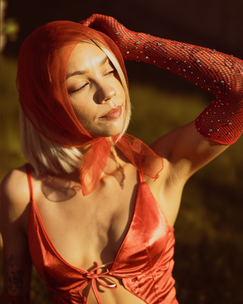 Dreamy Red Scarf Portrait by Tyler McAuley — canvas wall art