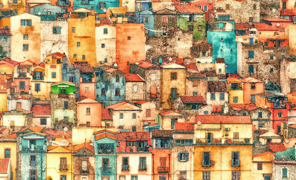Vibrant City Homes by Lou Urlings — canvas wall art