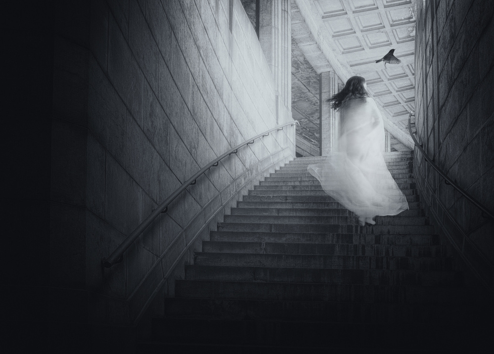 Ethereal Woman Ascending Stairs by Mirjam Delrue — canvas wall art
