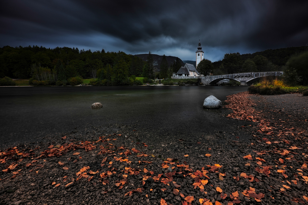 Dark Autumn Church Bridge by Jassi Oberai — canvas wall art