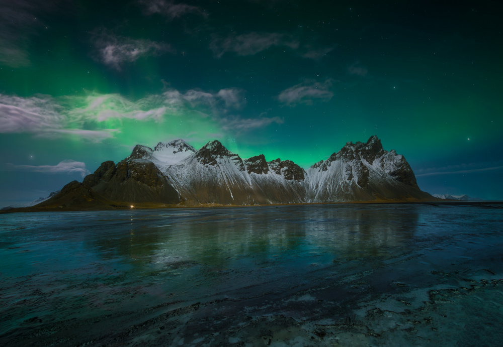 Northern Lights Mountain Reflection by joanaduenas — canvas wall art