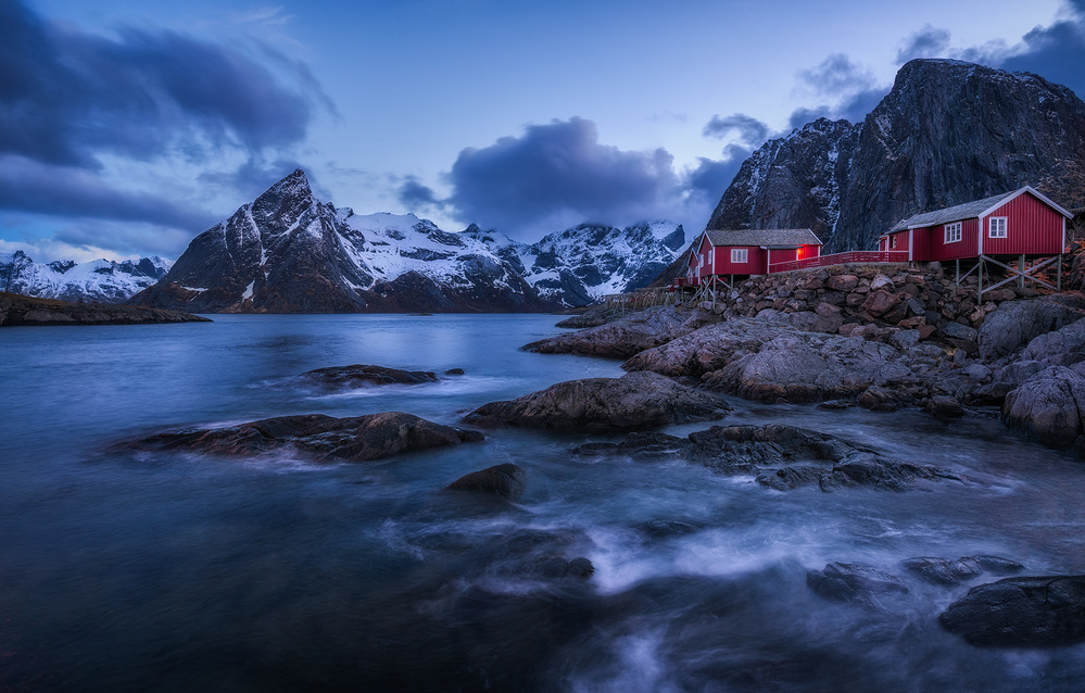 Coastal Cabins Blue Hour by Daniel Gastager — canvas wall art