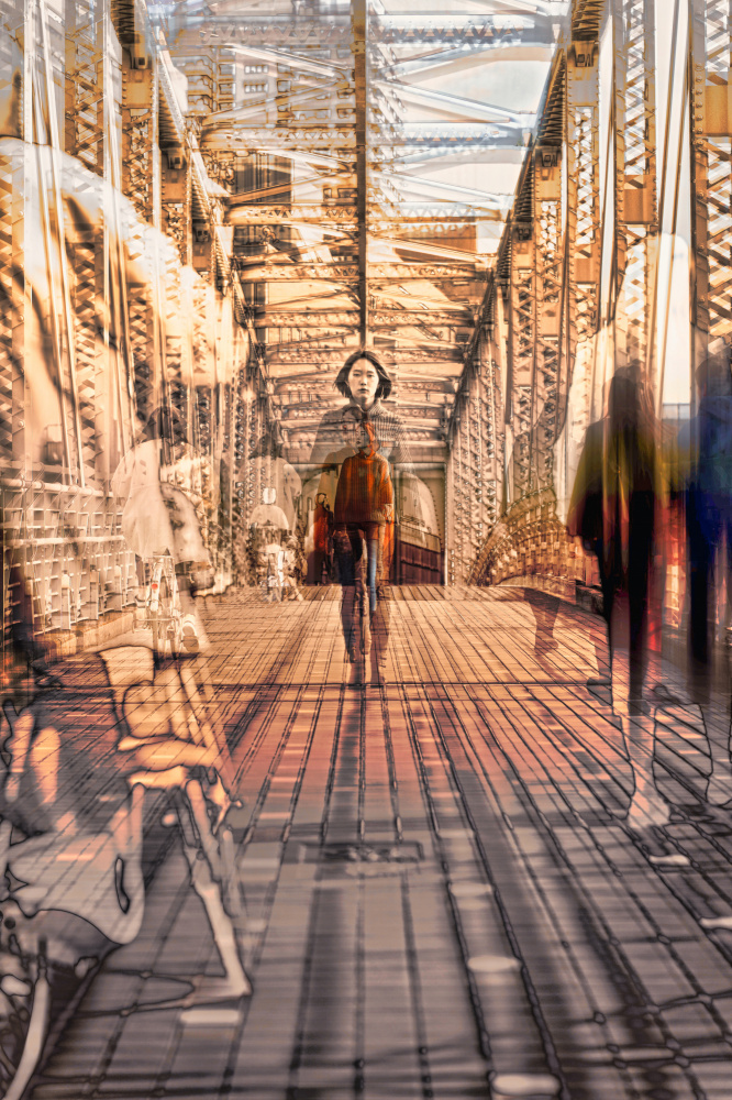 Woman Walking City Bridge by moucorn — canvas wall art