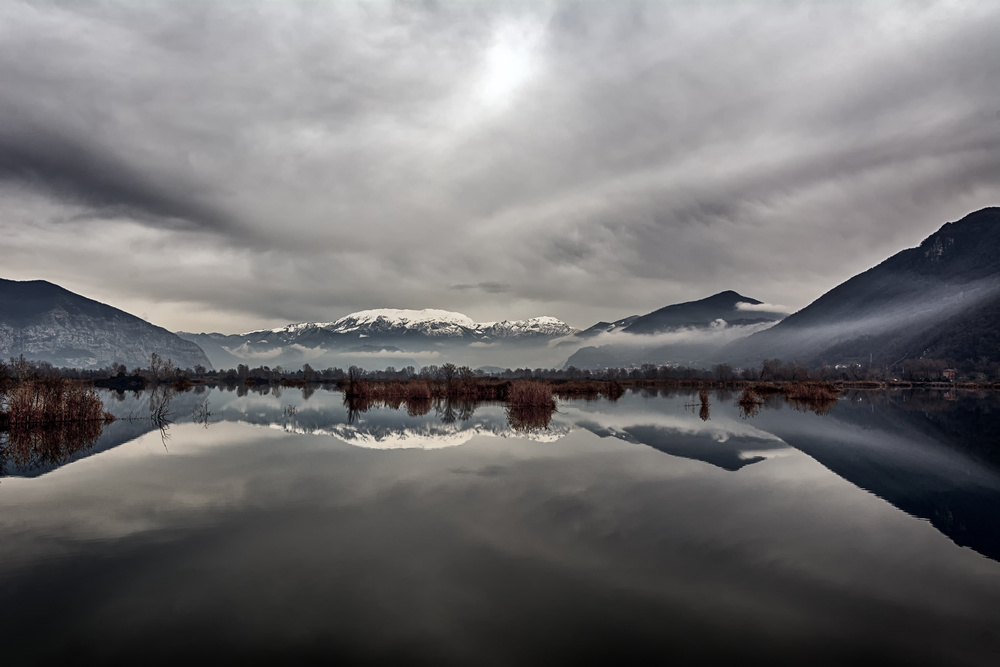 Serene Mountain Reflection by Stefano Scappazzoni — canvas wall art