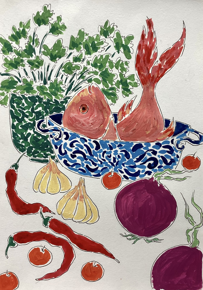Fresh Fish and Vegetables by Rushati Chowdhury — canvas wall art