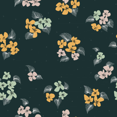 Japandi farmhouse scattered flowers dark teal seamless pattern