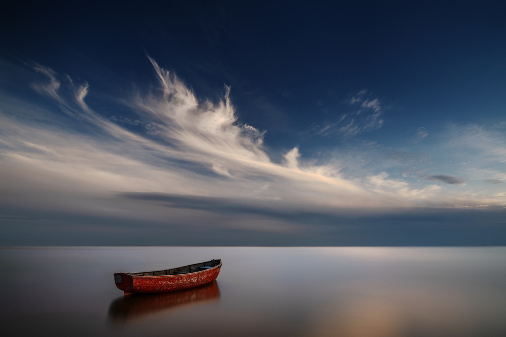 Red Boat Stillness by Kaspars Kurcens — canvas wall art