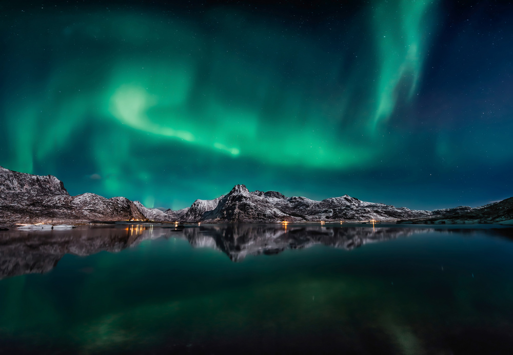 Emerald Aurora Mountain Reflection by Javier de la Torre — canvas wall art