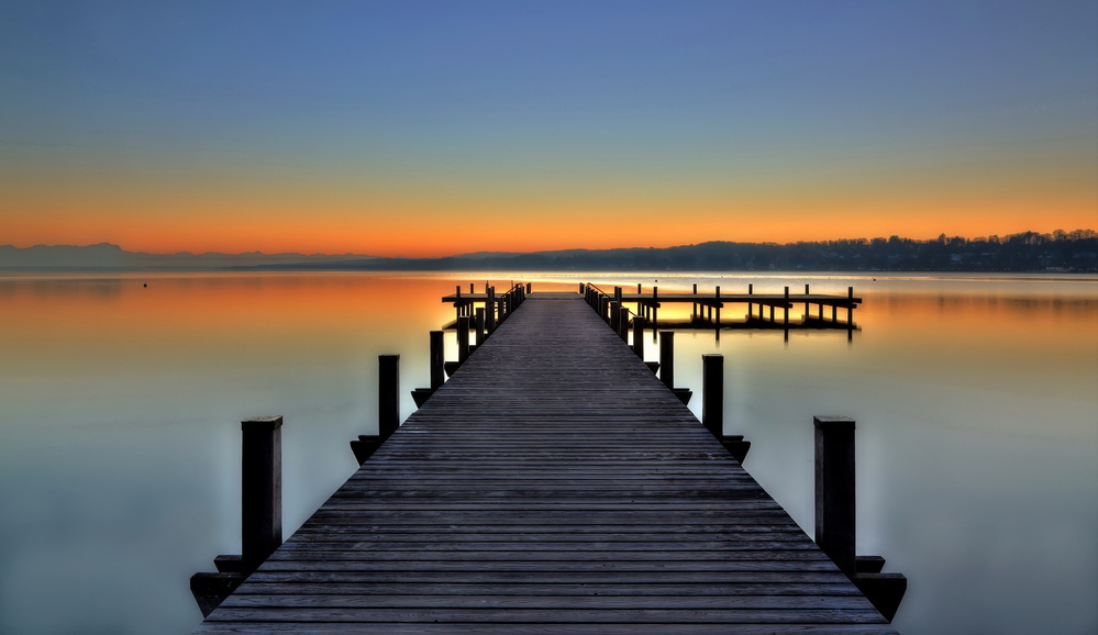 Golden Reflections Lake Pier by Hans Peter Rank — canvas wall art