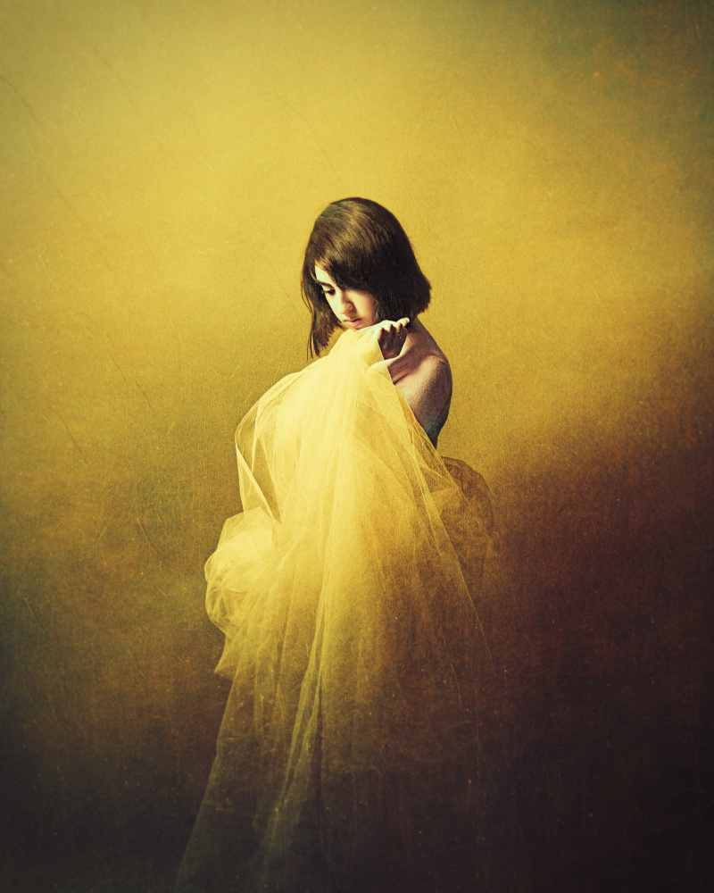 Pensive Girl Golden Drape by Mehdi Mokhtari — canvas wall art