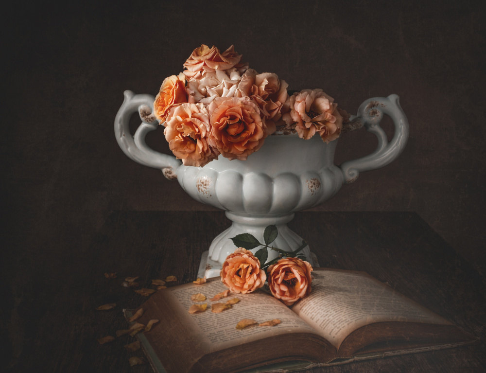 Moody Roses and Old Book by Margareth Perfoncio — canvas wall art