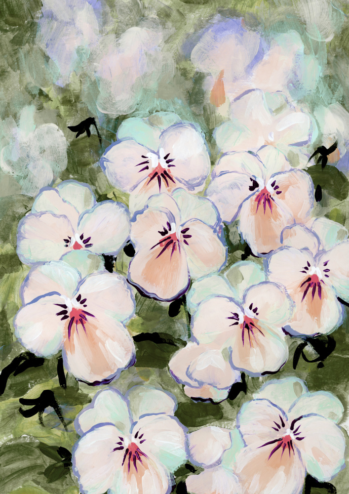 Delicate White Pansies by Rosana Laiz Blursbyai — canvas wall art
