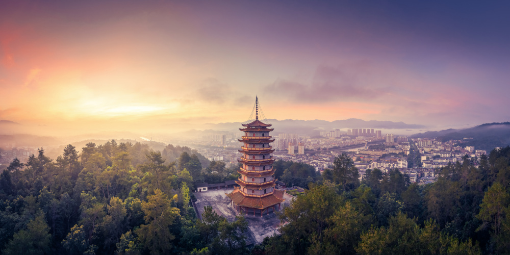 Serene Pagoda City View by qiye — canvas wall art