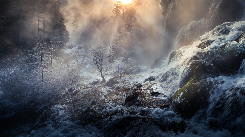 Misty Winter Waterfall by qiye — canvas wall art