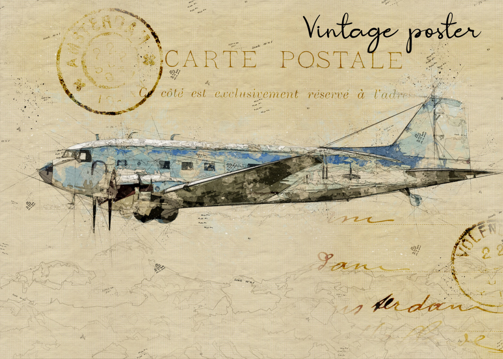 Vintage Airplane Postcard by Lembayung senja studio [Vintage Poster] — canvas wall art
