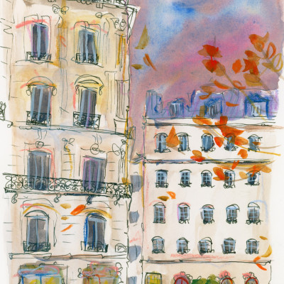 Paris street corner with purple sky