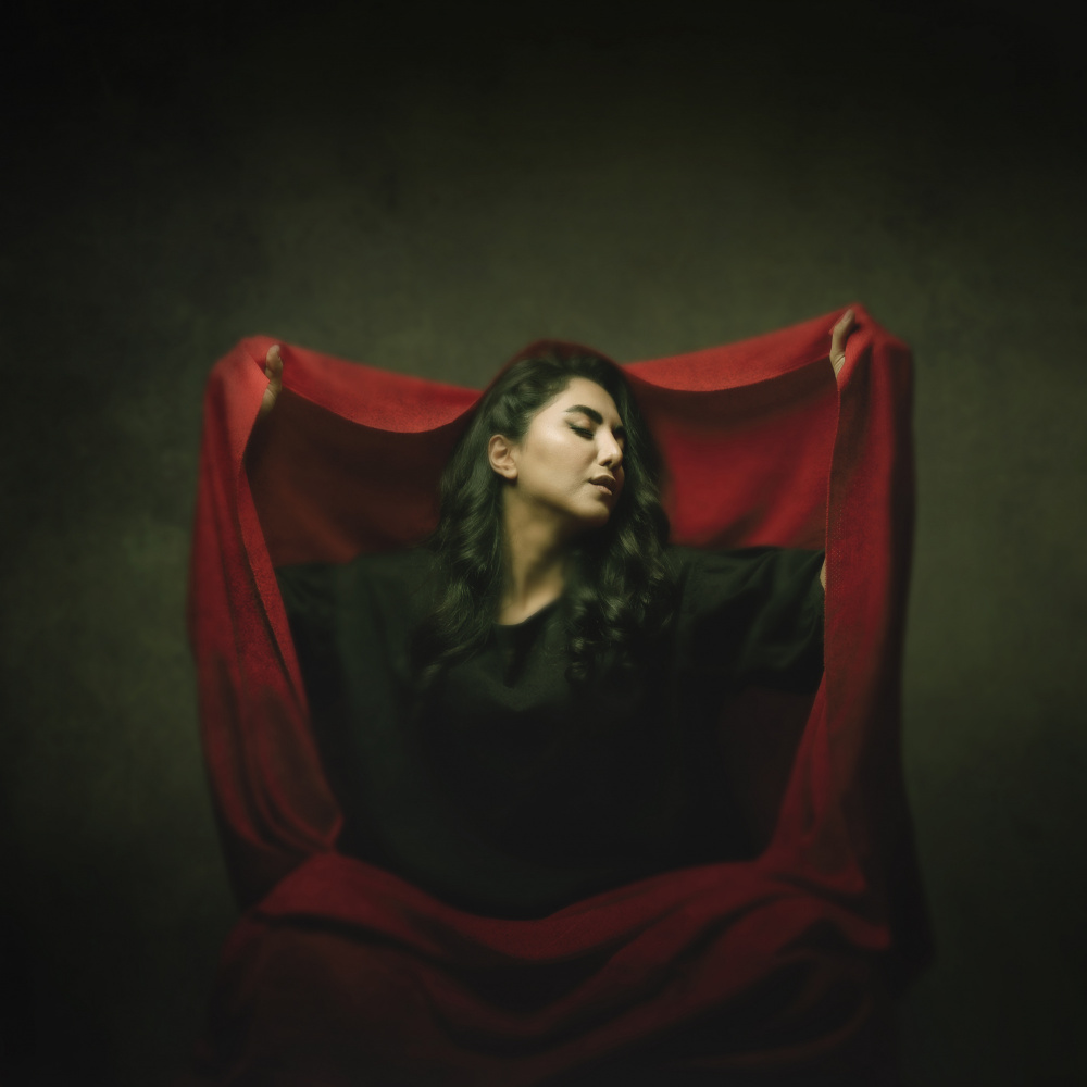 Contemplative Red Portrait by Moein Hasheminasab — canvas wall art