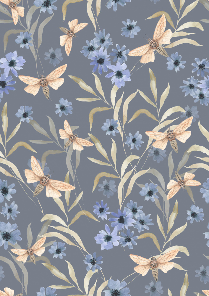 Serene Floral Moth Pattern by Linda Sitniece — canvas wall art