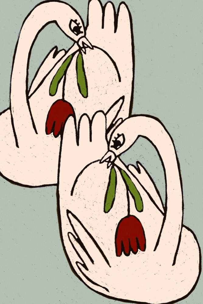 Loving Swans with Flowers by Treechild — canvas wall art