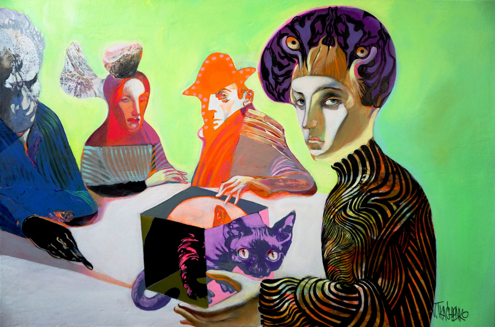 Enigmatic Figures and a Cat by Victor Tkachenko — canvas wall art