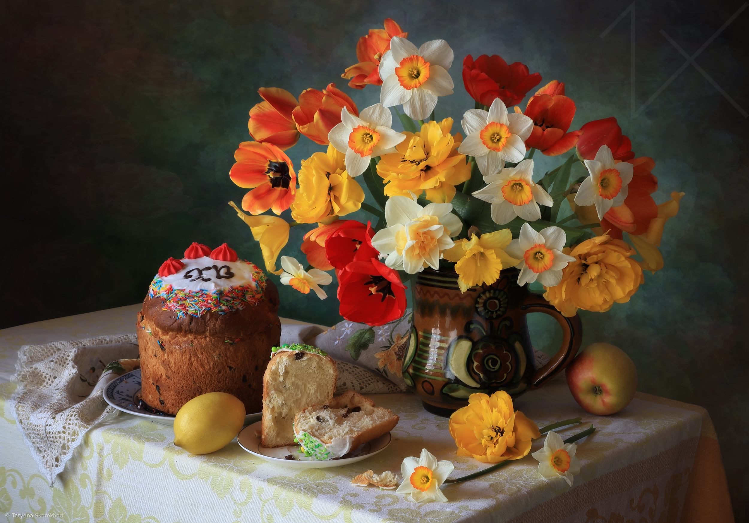 Still life with a bouquet and Easter cakes by Tatyana Skorokhod