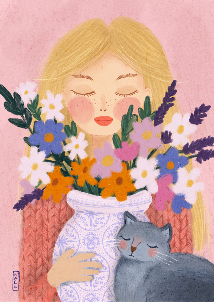 Dreamy Girl Cat Flowers by Dirkie Nell — canvas wall art