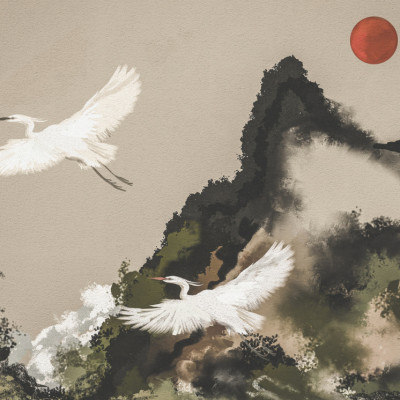 Red Sun Egret Flight